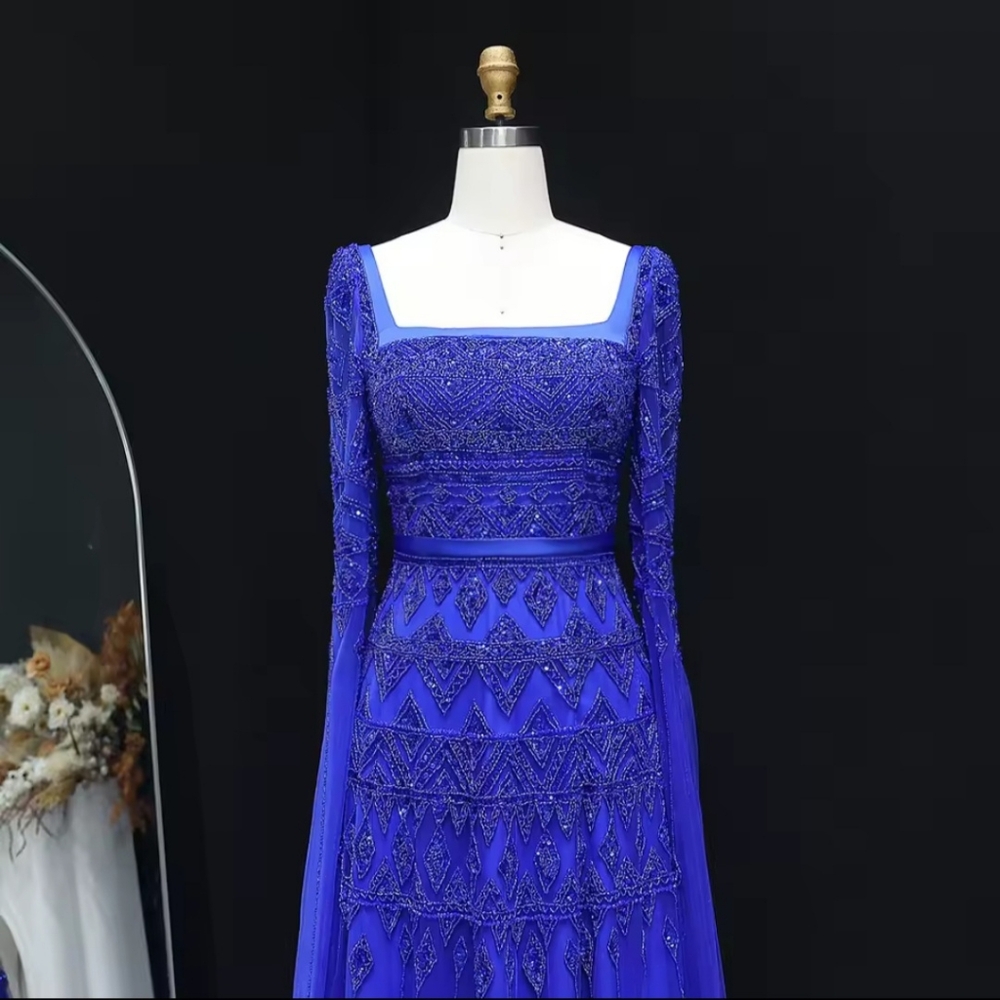 Serene Hill Beaded Elegant Blue Cape Sleeve Evening Gown - Size US 12 Large - Picture 4 of 17